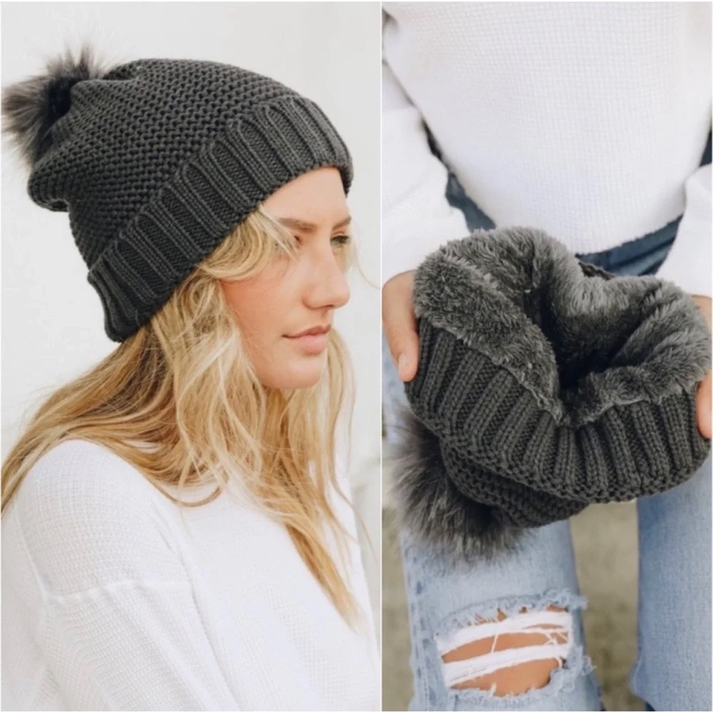1 LEFT! Women's Soft Faux Sherpa Lined Pom Beanie Winter Warm Cozy Hat - Picture 2 of 3